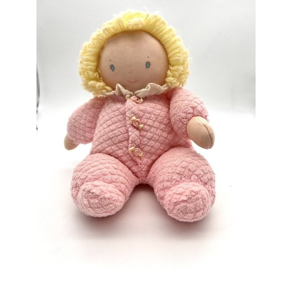 Vintage Eden Doll Plush Curly Blonde Rose Terry Cloth Waffle Weave Rare  - Picture 2 of 7